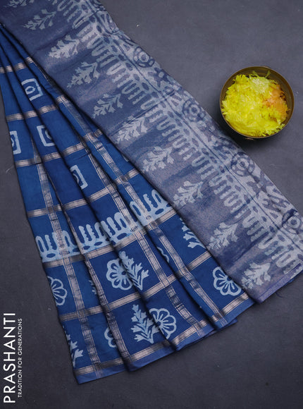 Semi chanderi saree teal blue and off white with allover zari checks & batik prints and batik printed border