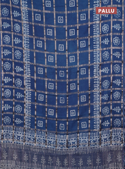 Semi chanderi saree teal blue and off white with allover zari checks & batik prints and batik printed border