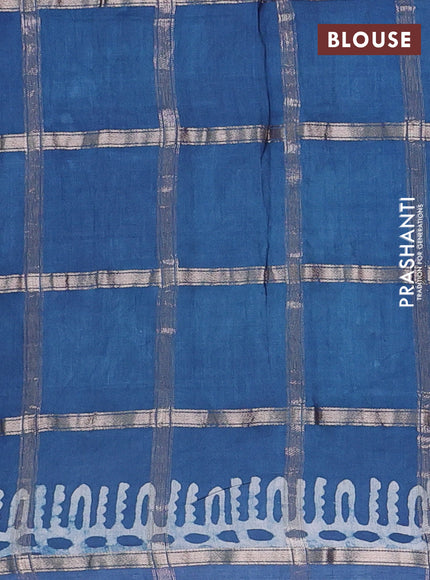 Semi chanderi saree teal blue and off white with allover zari checks & batik prints and batik printed border