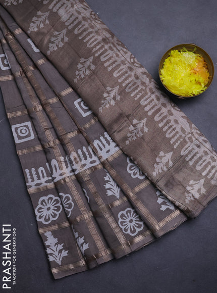 Semi chanderi saree grey and off white with allover zari checks & batik prints and batik printed border