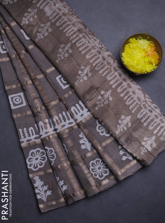 Semi chanderi saree grey and off white with allover zari checks & batik prints and batik printed border