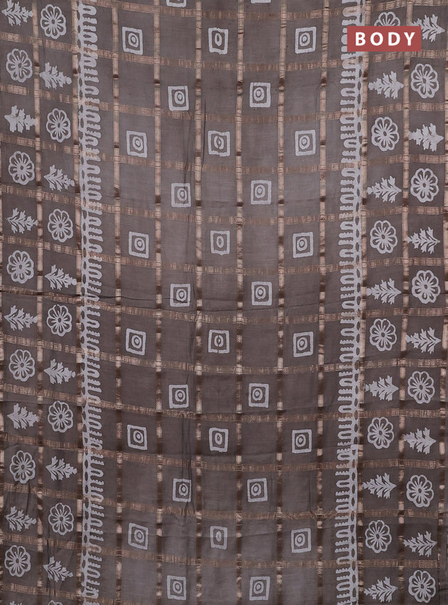 Semi chanderi saree grey and off white with allover zari checks & batik prints and batik printed border