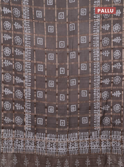 Semi chanderi saree grey and off white with allover zari checks & batik prints and batik printed border