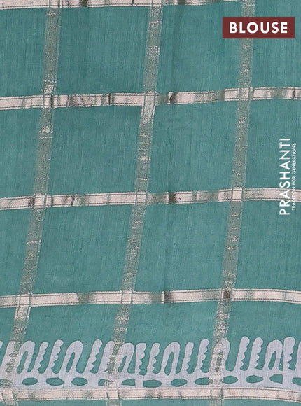 Semi chanderi saree mild teal green and off white with allover zari checks & batik prints and batik printed border