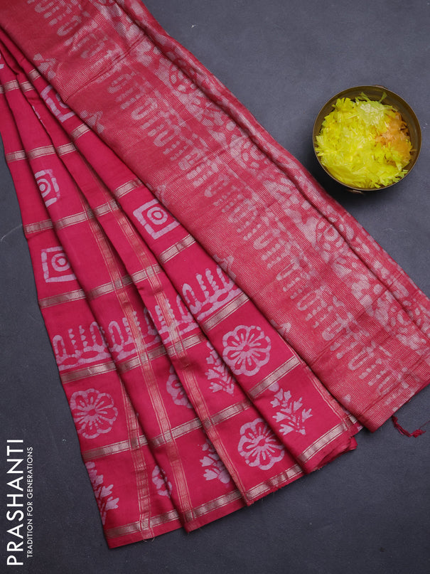 Semi chanderi saree peach pink and off white with allover zari checks & batik prints and batik printed border