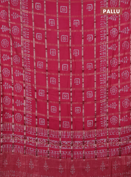 Semi chanderi saree peach pink and off white with allover zari checks & batik prints and batik printed border