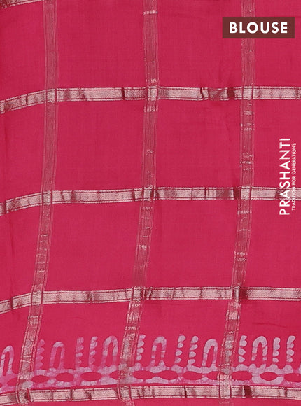 Semi chanderi saree peach pink and off white with allover zari checks & batik prints and batik printed border