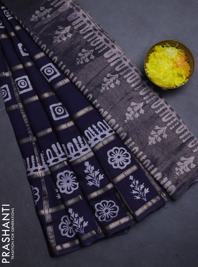 Semi chanderi saree navy blue and off white with allover zari checks & batik prints and batik printed border
