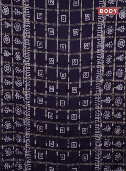 Semi chanderi saree navy blue and off white with allover zari checks & batik prints and batik printed border