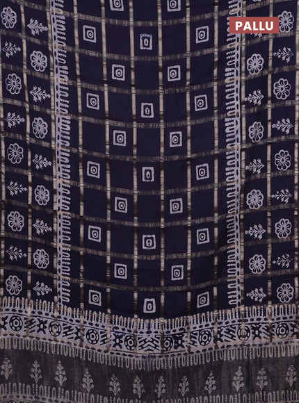 Semi chanderi saree navy blue and off white with allover zari checks & batik prints and batik printed border