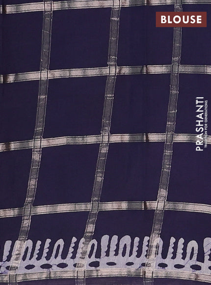 Semi chanderi saree navy blue and off white with allover zari checks & batik prints and batik printed border
