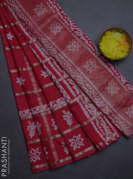 Semi chanderi saree red with allover zari checks & batik prints in borderless style