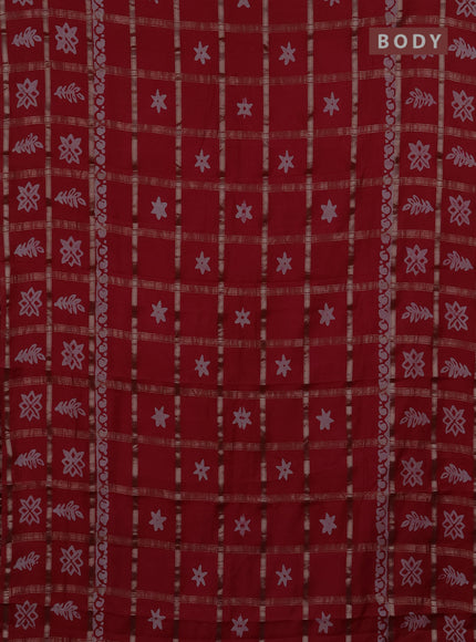 Semi chanderi saree red with allover zari checks & batik prints in borderless style