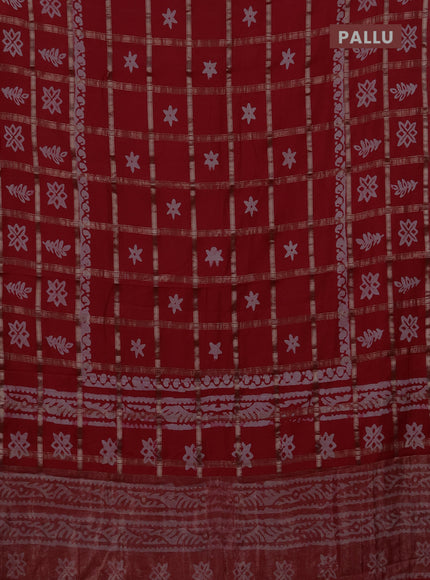 Semi chanderi saree red with allover zari checks & batik prints in borderless style