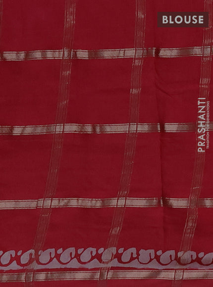 Semi chanderi saree red with allover zari checks & batik prints in borderless style