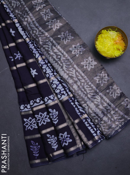 Semi chanderi saree deep jamun with allover zari checks & batik prints in borderless style