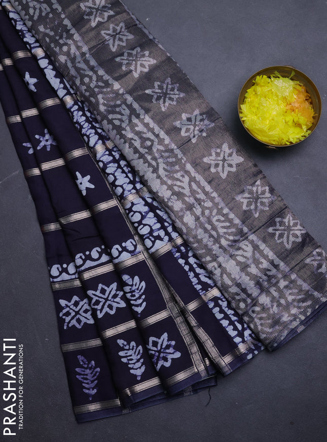 Semi chanderi saree deep jamun with allover zari checks & batik prints in borderless style