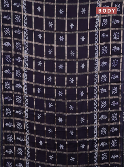 Semi chanderi saree deep jamun with allover zari checks & batik prints in borderless style
