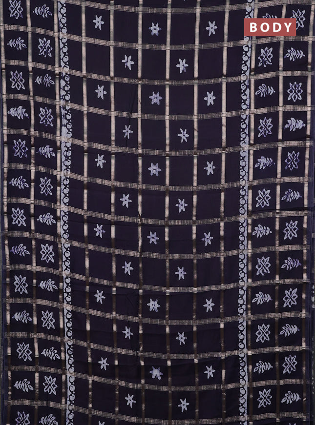 Semi chanderi saree deep jamun with allover zari checks & batik prints in borderless style