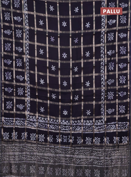 Semi chanderi saree deep jamun with allover zari checks & batik prints in borderless style
