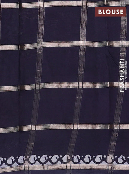 Semi chanderi saree deep jamun with allover zari checks & batik prints in borderless style