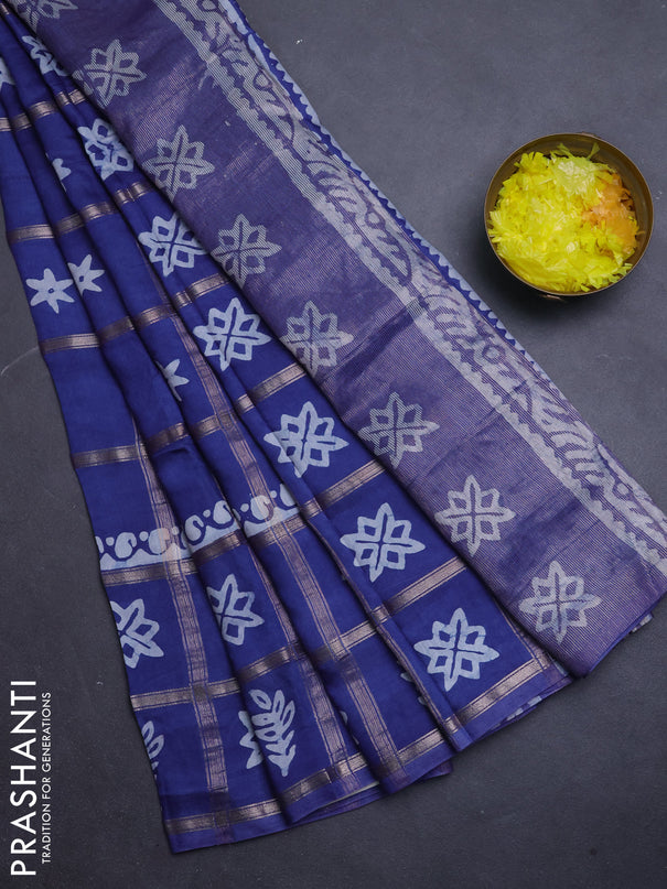 Semi chanderi saree blue with allover zari checks & batik prints in borderless style