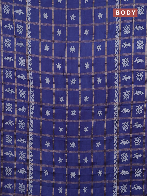 Semi chanderi saree blue with allover zari checks & batik prints in borderless style
