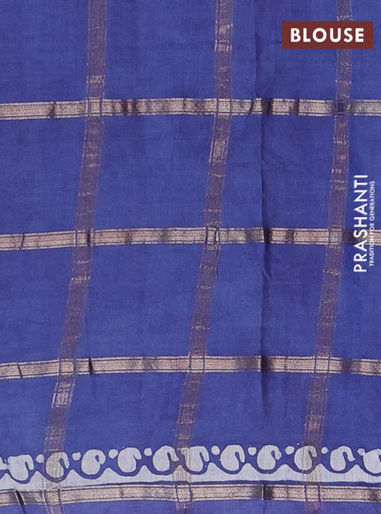 Semi chanderi saree blue with allover zari checks & batik prints in borderless style