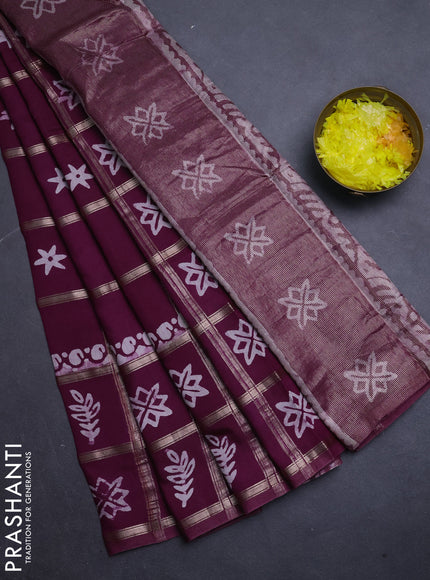 Semi chanderi saree wine shade with allover zari checks & batik prints in borderless style