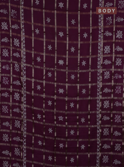 Semi chanderi saree wine shade with allover zari checks & batik prints in borderless style