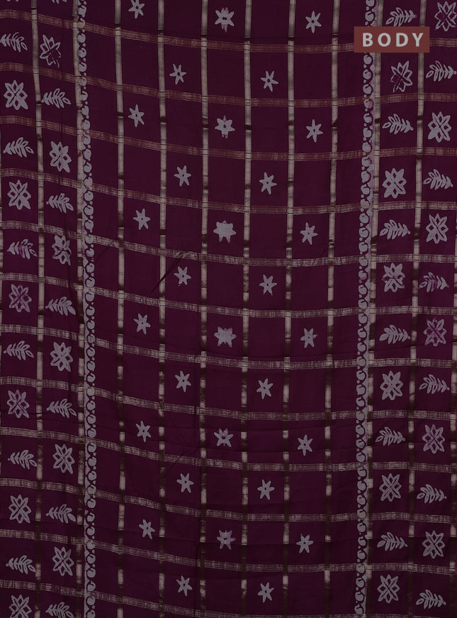 Semi chanderi saree wine shade with allover zari checks & batik prints in borderless style