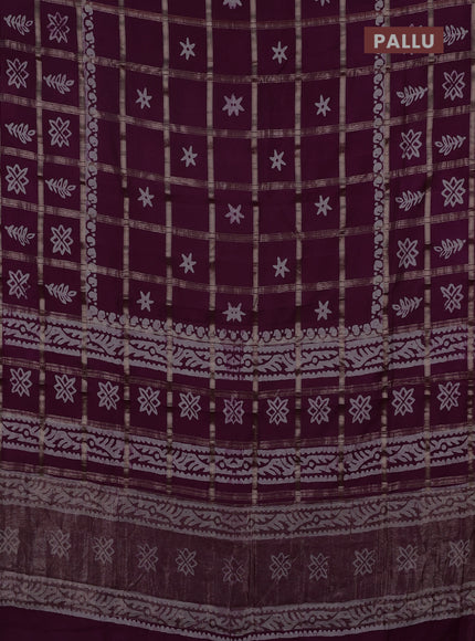 Semi chanderi saree wine shade with allover zari checks & batik prints in borderless style
