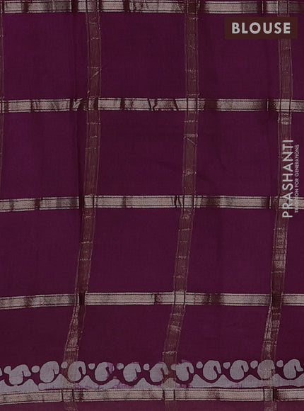 Semi chanderi saree wine shade with allover zari checks & batik prints in borderless style
