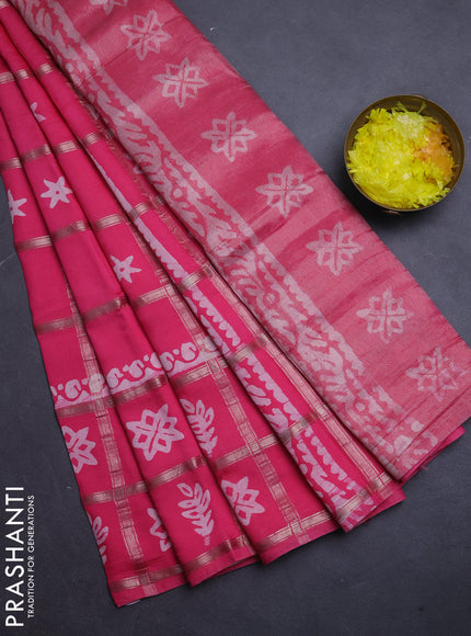 Semi chanderi saree peach pink with allover zari checks & batik prints in borderless style