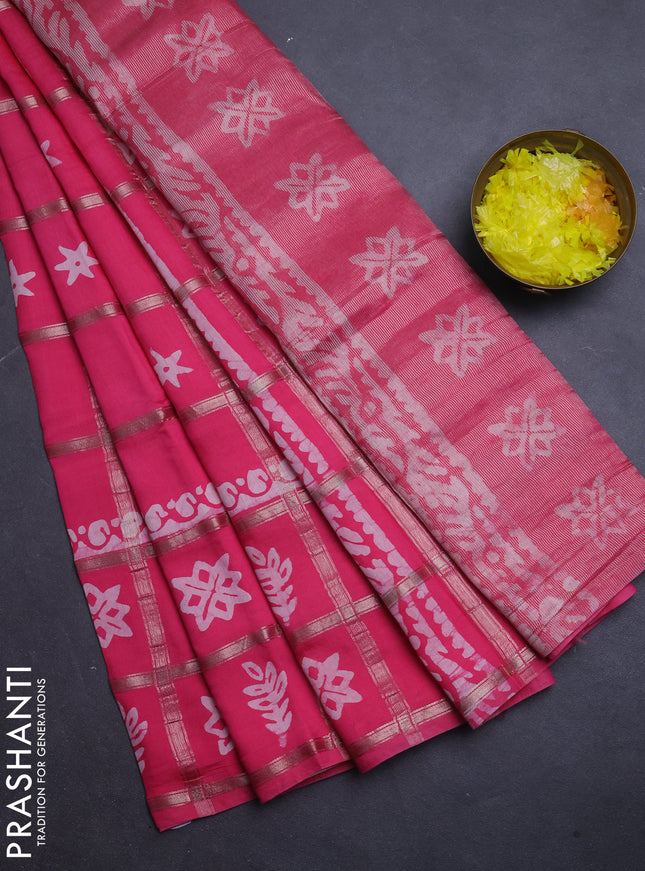 Semi chanderi saree peach pink with allover zari checks & batik prints in borderless style