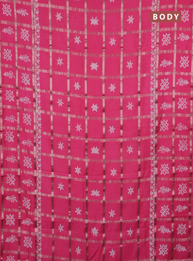 Semi chanderi saree peach pink with allover zari checks & batik prints in borderless style