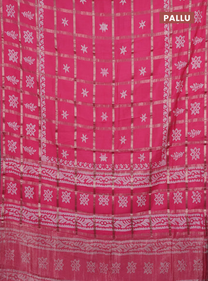 Semi chanderi saree peach pink with allover zari checks & batik prints in borderless style