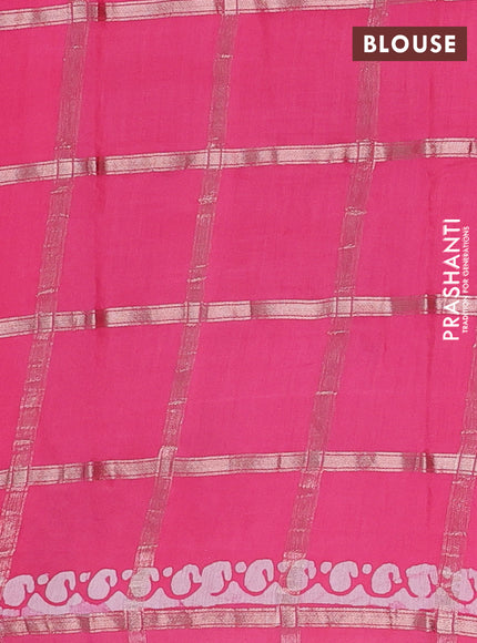 Semi chanderi saree peach pink with allover zari checks & batik prints in borderless style