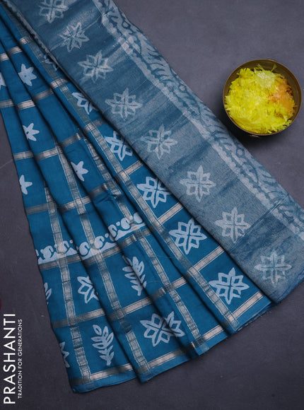 Semi chanderi saree teal green with allover zari checks & batik prints in borderless style
