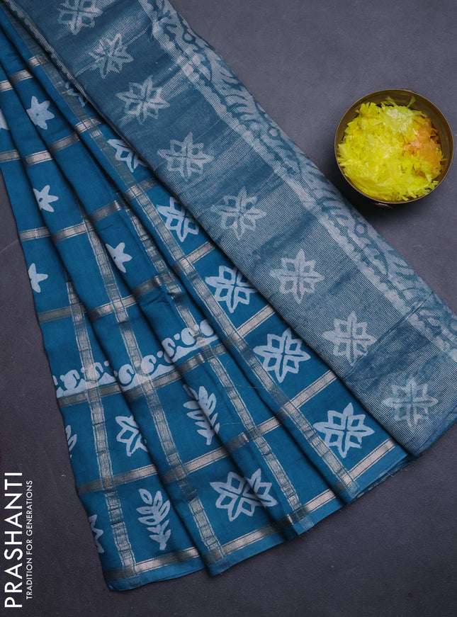 Semi chanderi saree teal green with allover zari checks & batik prints in borderless style