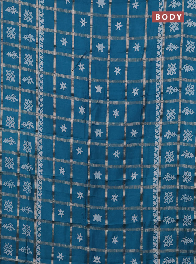 Semi chanderi saree teal green with allover zari checks & batik prints in borderless style