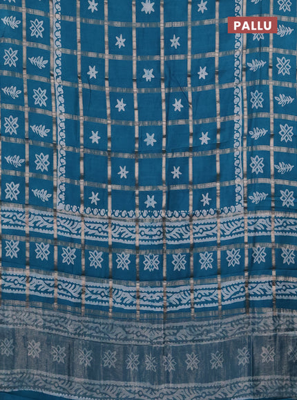 Semi chanderi saree teal green with allover zari checks & batik prints in borderless style