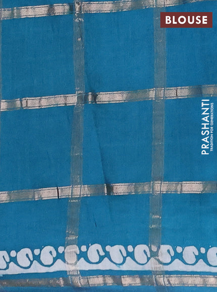 Semi chanderi saree teal green with allover zari checks & batik prints in borderless style