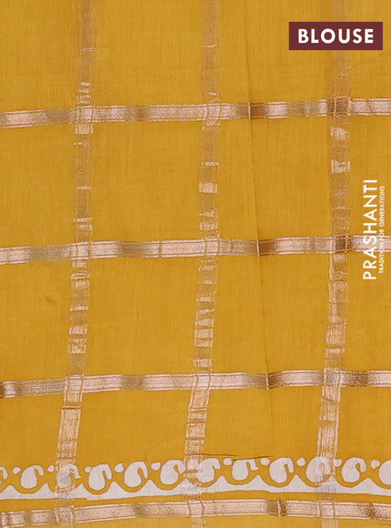 Semi chanderi saree mustard yellow with allover zari checks & batik prints in borderless style