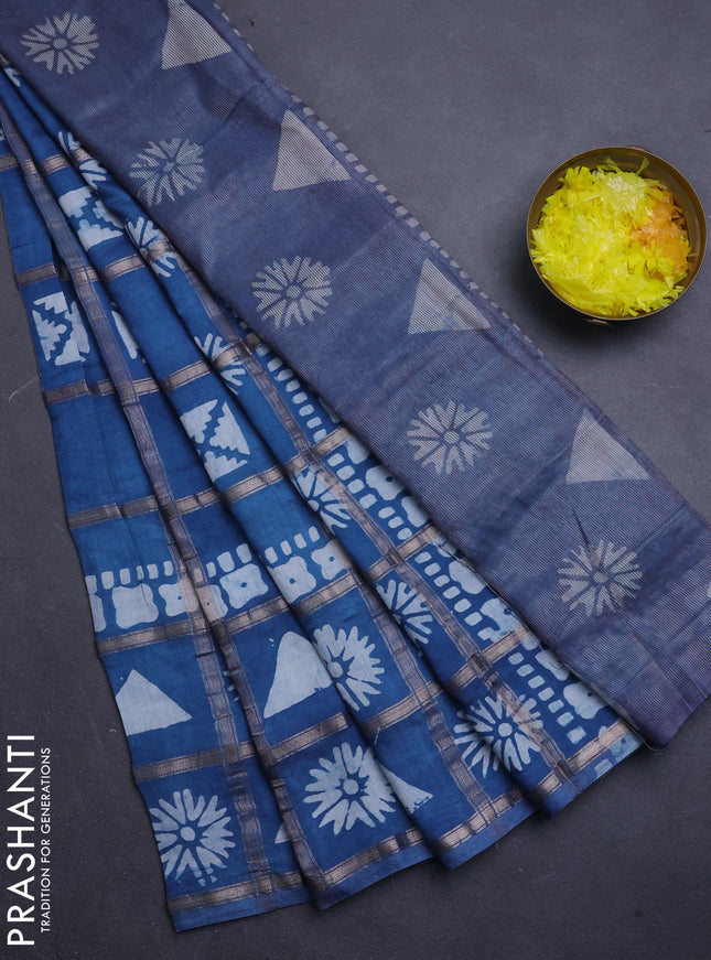 Semi chanderi saree teal blue with allover zari checks & batik prints in borderless style