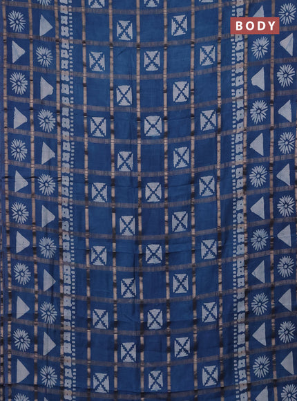 Semi chanderi saree teal blue with allover zari checks & batik prints in borderless style