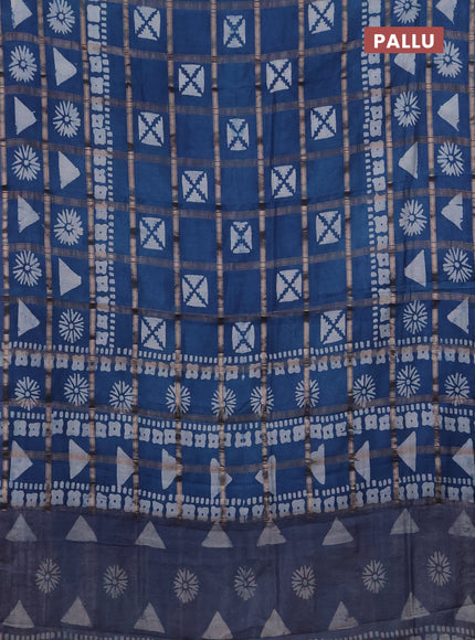 Semi chanderi saree teal blue with allover zari checks & batik prints in borderless style