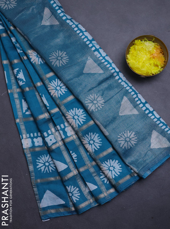 Semi chanderi saree teal green with allover zari checks & batik prints in borderless style
