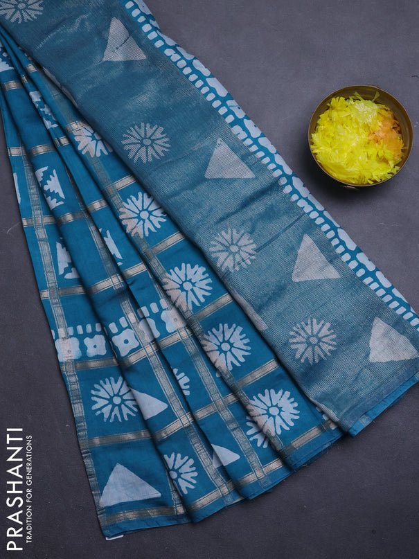 Semi chanderi saree teal green with allover zari checks & batik prints in borderless style