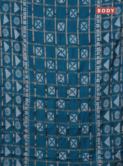 Semi chanderi saree teal green with allover zari checks & batik prints in borderless style